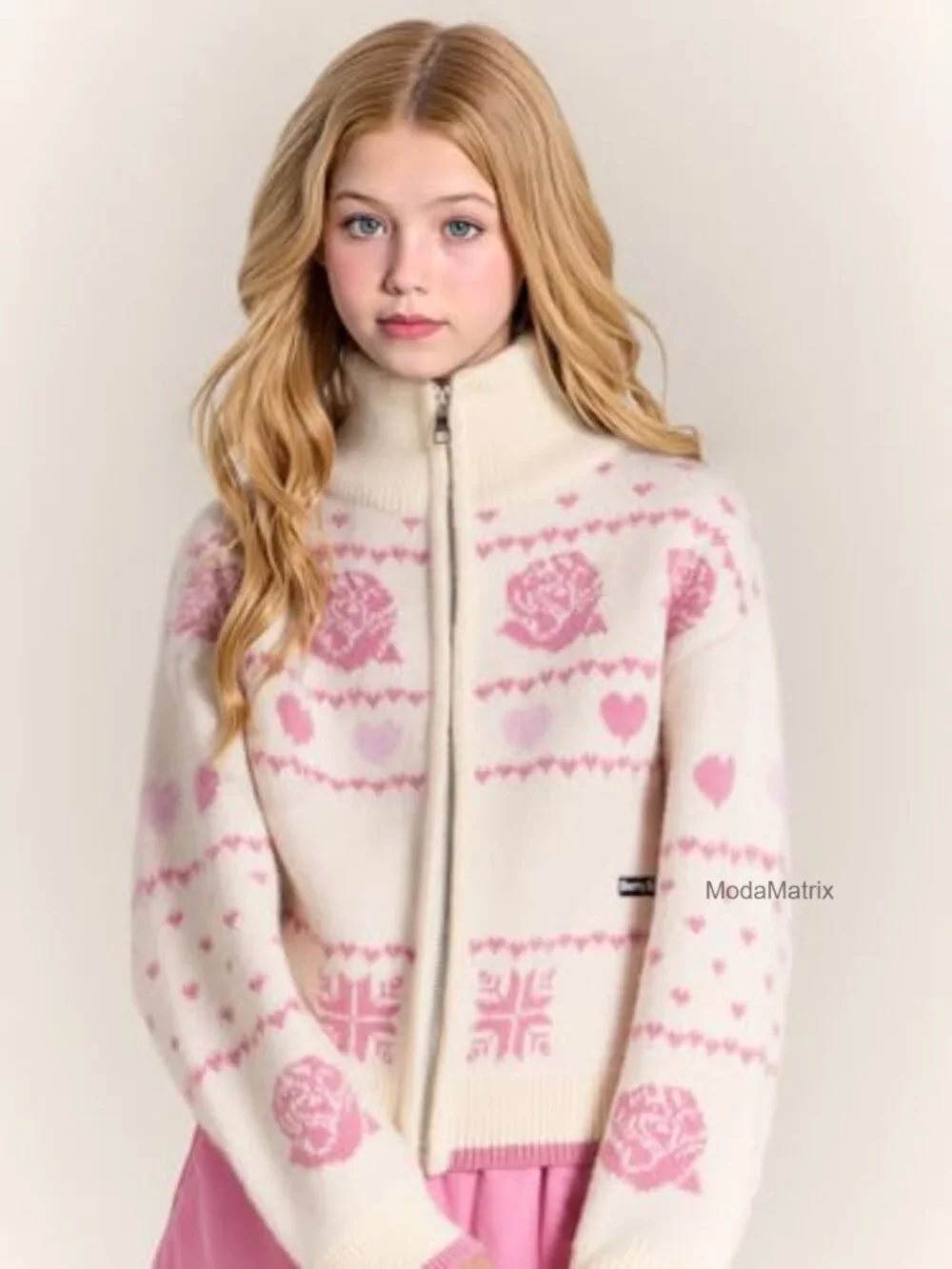 Girls Zip Up Cardigan Sweater Winter Knit Coat Rose Heart Design School Uniform